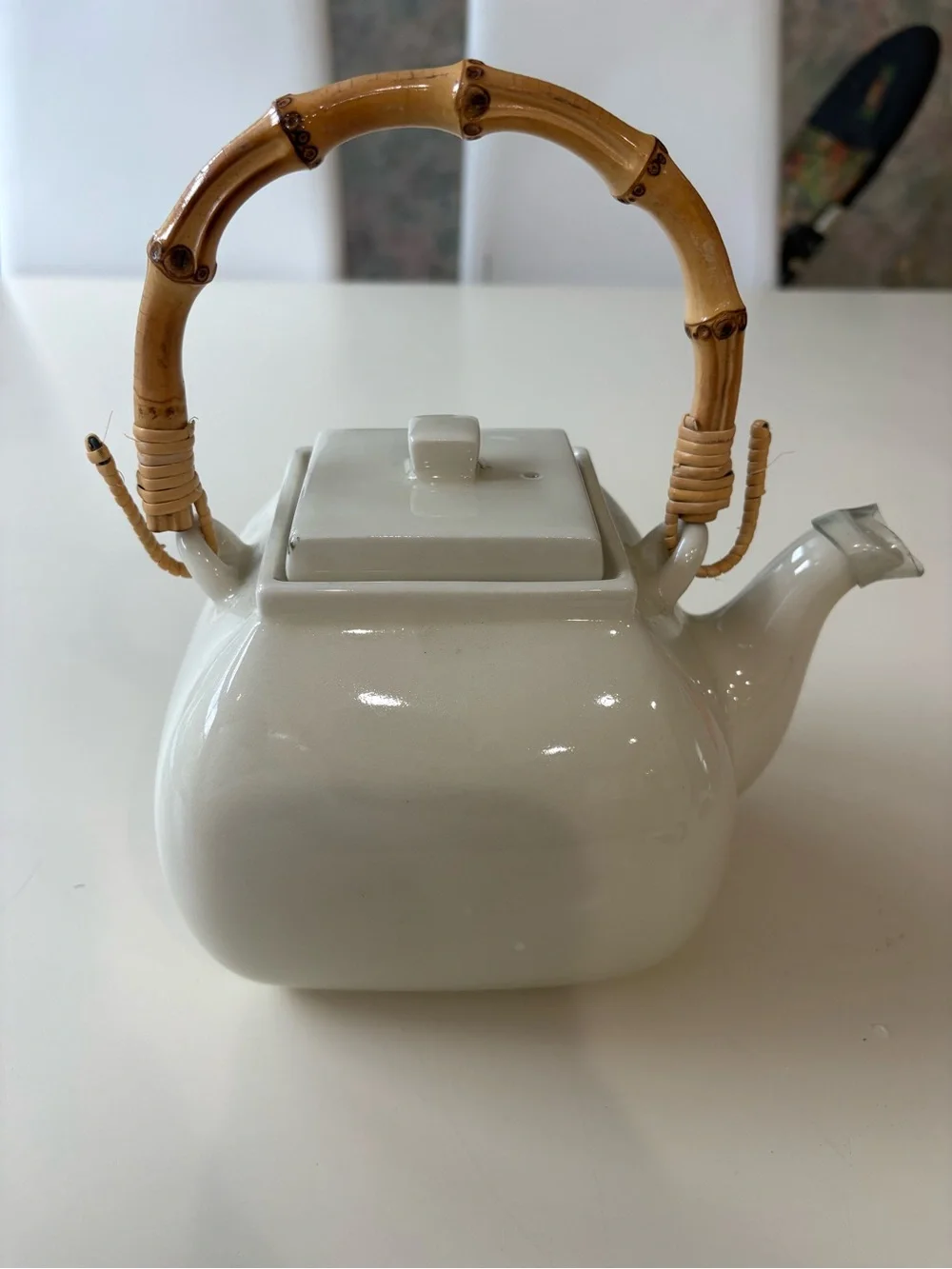 Pottery Barn White Ceramic Teapot with Bamboo Handle